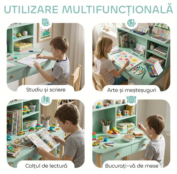AIYAPLAY Birou pentru Copii cu 3 Compartimente și 2 Sertare, Birou din Lemn cu Spații pentru Cărți și Jucării, Banc de Școală pentru Studiu și Desen pentru Copii 5-12 Ani, Verde | Aosom Romania