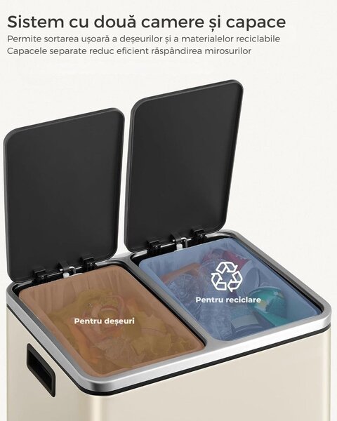 Coș pentru separarea deșeurilor SORT 30l (2×15l), bej/argintiu/negru SongmicsHome