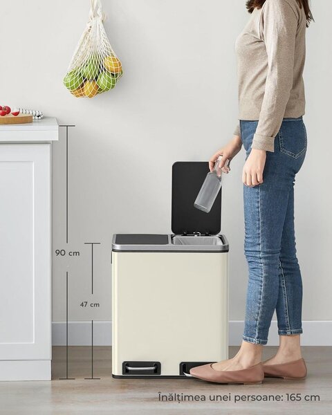 Coș pentru separarea deșeurilor SORT 30l (2×15l), bej/argintiu/negru SongmicsHome