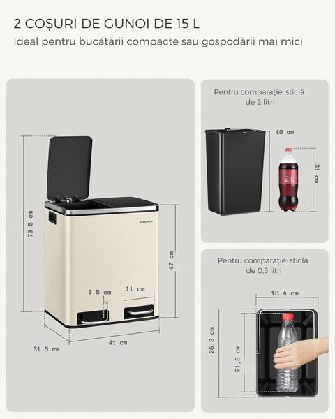Coș pentru separarea deșeurilor SORT 30l (2×15l), bej/argintiu/negru SongmicsHome