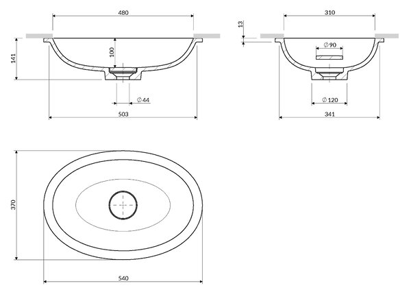 Omnires Shell M+ lavoar 48x31 cm ovale sub blat alb luciu SHELL480UPBP