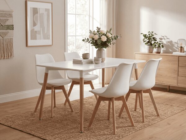Set de dining 1 + 4, masa alba ADRIA 120x80 cm + scaun alb BALI MARK cu picioare din lemn de fag