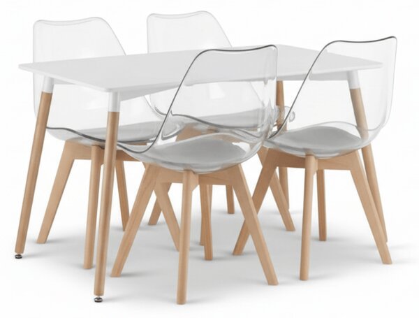 Set de sufragerie 1 + 4, masa alba ADRIA 120x80 cm + scaun transparent BALI MARK cu picioare din lemn de fag