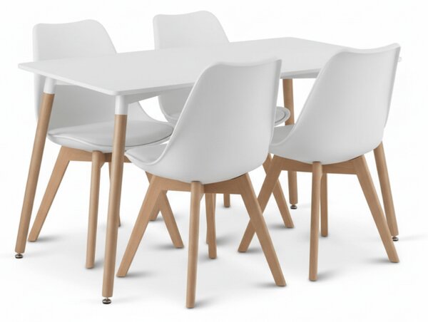 Set de dining 1 + 4, masa alba ADRIA 120x80 cm + scaun alb BALI MARK cu picioare din lemn de fag