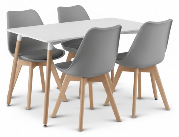 Set de dining 1 + 4, masa alba ADRIA 120x80 cm + scaun gri deschis BALI MARK cu picioare din lemn de fag