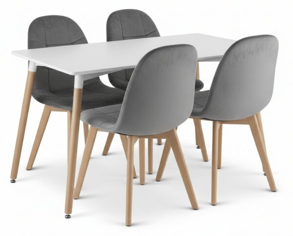 Set de dining 1 + 4, masa alba ADRIA 120x80 cm + scaun din catifea gri inchis BORA