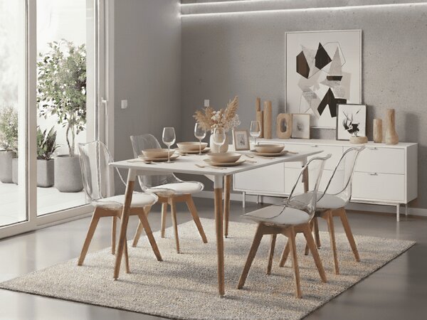 Set de sufragerie 1 + 4, masa alba ADRIA 120x80 cm + scaun transparent BALI MARK cu picioare din lemn de fag