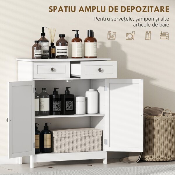 Kleankin Dulap de Depozitare Organizator Independent pentru Baie de Podea cu 2 Usi, 2 Sertare si Raft Reglabil, Alb | Aosom Romania