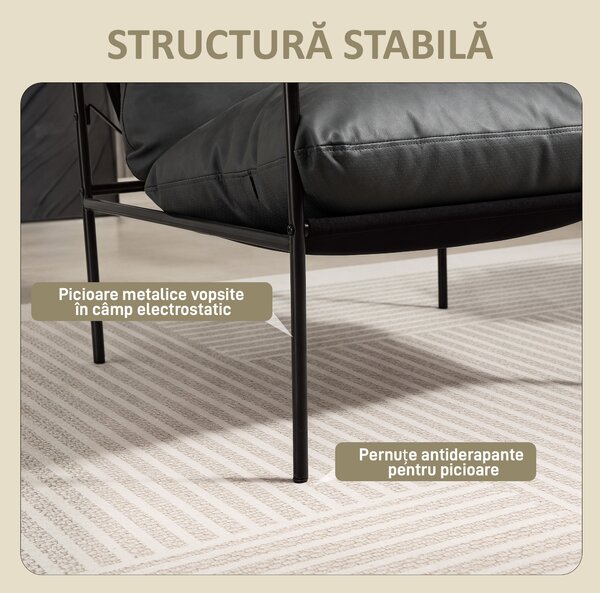 HOMCOM Fotoliu de Sufragerie din Piele PU și Cadru Metalic cu Perne Groase, 74.5x75x77 cm, Gri Antracit | Aosom Romania