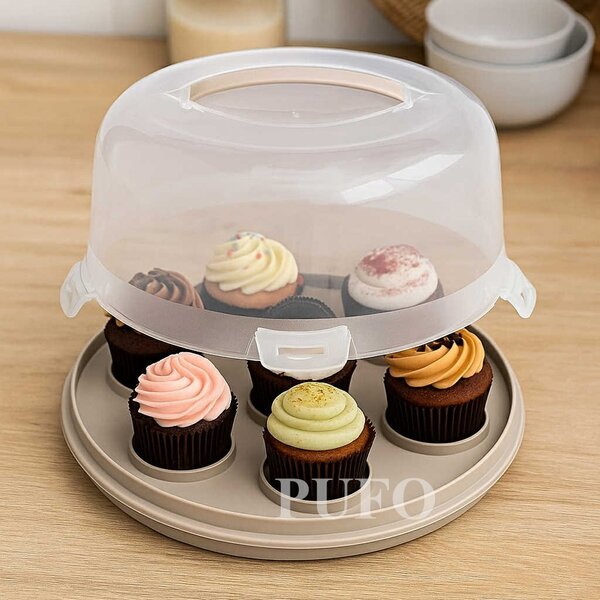 Platou rotund 2 in 1 Pufo Cookies cu capac transparent pentru servire torturi, prajituri, briose, Ø 28 cm
