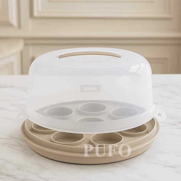 Platou rotund 2 in 1 Pufo Cookies cu capac transparent pentru servire torturi, prajituri, briose, Ø 28 cm