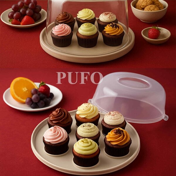 Platou rotund 2 in 1 Pufo Cookies cu capac transparent pentru servire torturi, prajituri, briose, Ø 28 cm