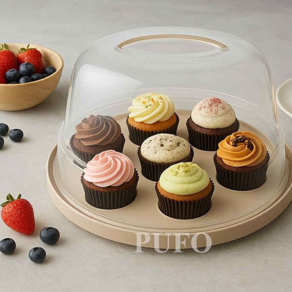 Platou rotund 2 in 1 Pufo Cookies cu capac transparent pentru servire torturi, prajituri, briose, Ø 28 cm