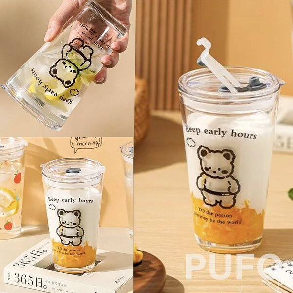 Cana din sticla transparenta Pufo Bear pentru cafea cu capac, 450 ml