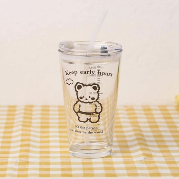 Cana din sticla transparenta Pufo Bear pentru cafea cu capac, 450 ml