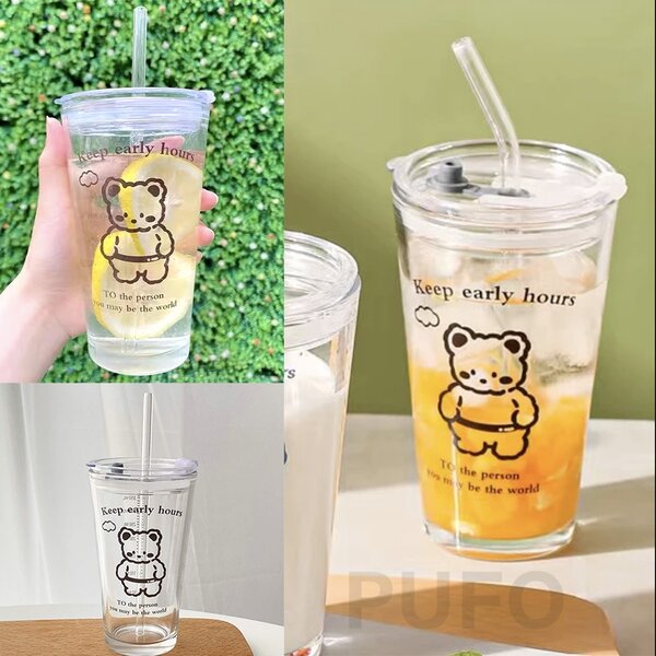 Cana din sticla transparenta Pufo Bear pentru cafea cu capac, 450 ml