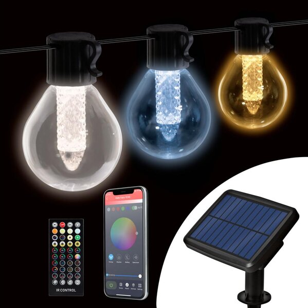 Ghirlandă solară LED reglabilă 15xLED/1,5W/3,7/5V 2200 mAh 9 m IP65 neagră + telecomandă