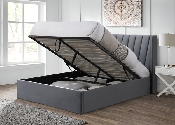 Pat tapitat Prestige 2, 160x200, cu somiera metalica rabatabila si spatiu de depozitare, culoare Gri