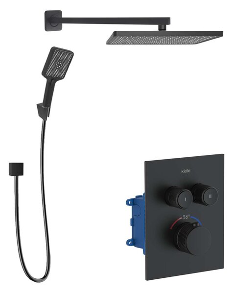 Kielle Arkas I - Set de duș cu baterie termostatată, încastrată, pentru 2 consumatori, cu accesorii și corp montare, negru mat 20611SPT24