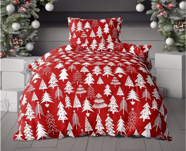 Lenjerie de pat flanel BRAZI DE CRACIUN rosu + cearceaf microplus SOFT 90x200 cm alb