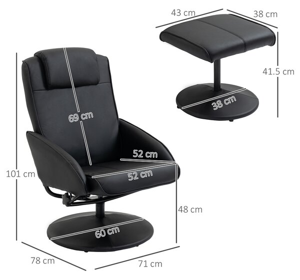 HOMCOM Fotoliu reclinabil de relaxare cu otoman pentru picioare si tapiterie din piele artificiala, 71x78x101cm, negru | Aosom Romania