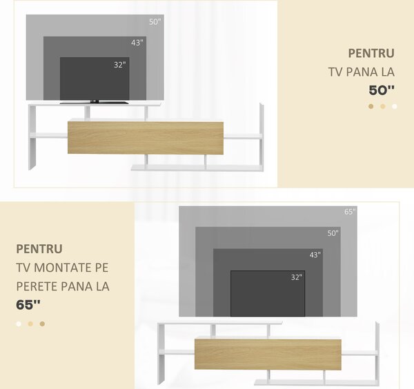 HOMCOM Dulap TV cu Raft de Perete, Rafturi Deschise și Dulăpior din Lemn, Mobilier TV Modern, 153,6x25x42 cm, Alb | Aosom Romania