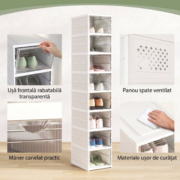 HOMCOM Dulap de Pantofi Modular cu 8 Cutii Stivuibile pentru Pantofi, 26x35x140 cm, Alb | Aosom Romania