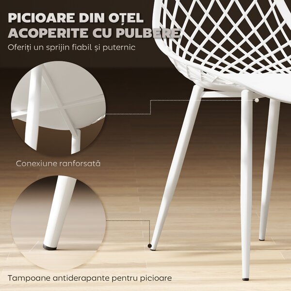 HOMCOM Set 4 Scaune Moderne cu Spătar Perforat din Plastic și Metal Alb | Aosom Romania