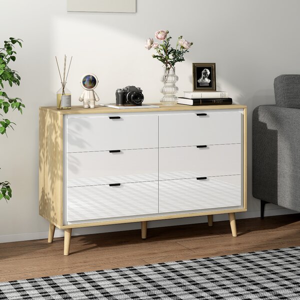 HOMCOM Comodă cu 6 Sertare din Lemn 110x40x75 cm Alb Lucios și Stejar | Aosom Romania
