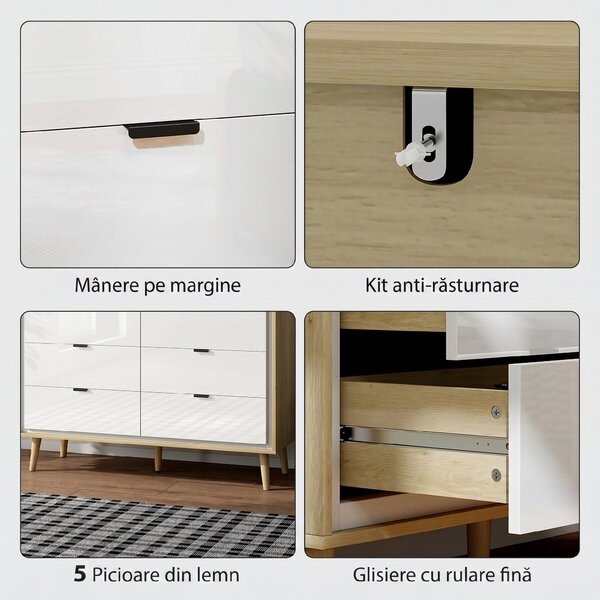 HOMCOM Comodă cu 6 Sertare din Lemn 110x40x75 cm Alb Lucios și Stejar | Aosom Romania
