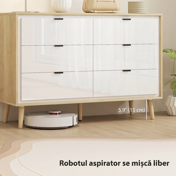 HOMCOM Comodă cu 6 Sertare din Lemn 110x40x75 cm Alb Lucios și Stejar | Aosom Romania