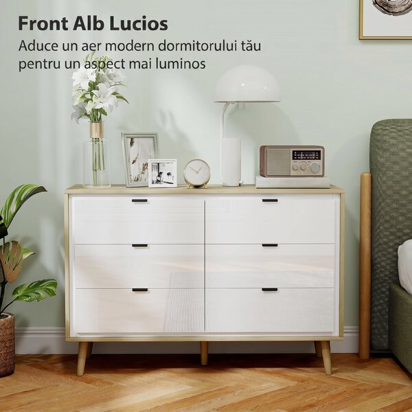 HOMCOM Comodă cu 6 Sertare din Lemn 110x40x75 cm Alb Lucios și Stejar | Aosom Romania
