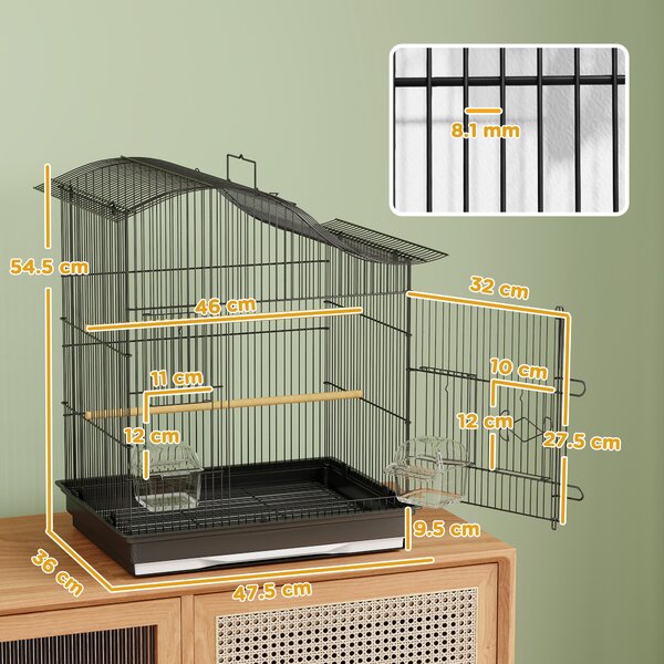 PawHut Colivie pentru Păsări cu 4 Uși, 2 Boluri, 2 Stinghii și Tavă Detasabilă, Colivie din Metal și Plastic, 47,5x36x54,5 cm, Negru | Aosom Romania