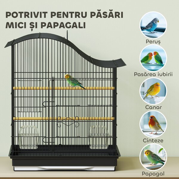 PawHut Colivie pentru Păsări cu 4 Uși, 2 Boluri, 2 Stinghii și Tavă Detasabilă, Colivie din Metal și Plastic, 47,5x36x54,5 cm, Negru | Aosom Romania