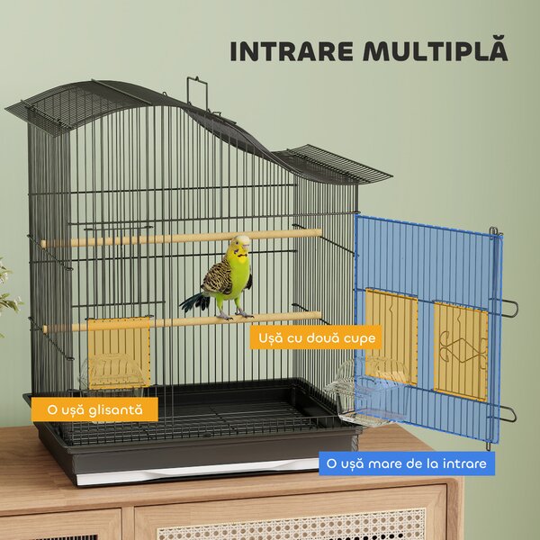 PawHut Colivie pentru Păsări cu 4 Uși, 2 Boluri, 2 Stinghii și Tavă Detasabilă, Colivie din Metal și Plastic, 47,5x36x54,5 cm, Negru | Aosom Romania