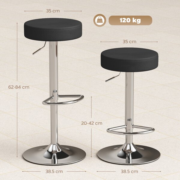 HOMCOM Set 2 Scaune de Bar din Piele PU, Rotative, Înălțime Reglabilă pentru Bucătărie, Negru | Aosom Romania