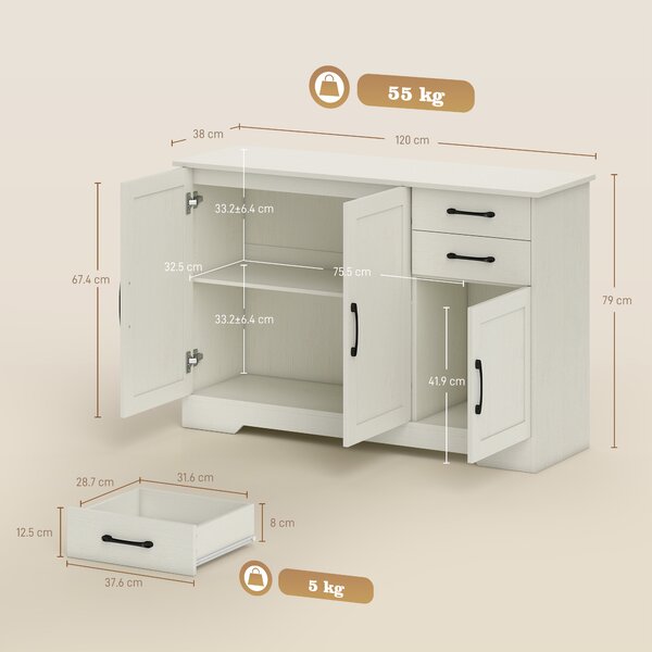 HOMCOM Mobilier bucătărie cu 2 sertare și 3 dulapuri, polițe reglabile, 120x38x79 cm, crem | Aosom Romania