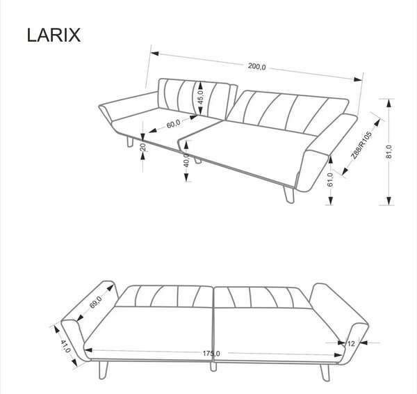 Canapea extensibila LARIX, gri, stofa clasica/lemn, 200x88-105x61-81m