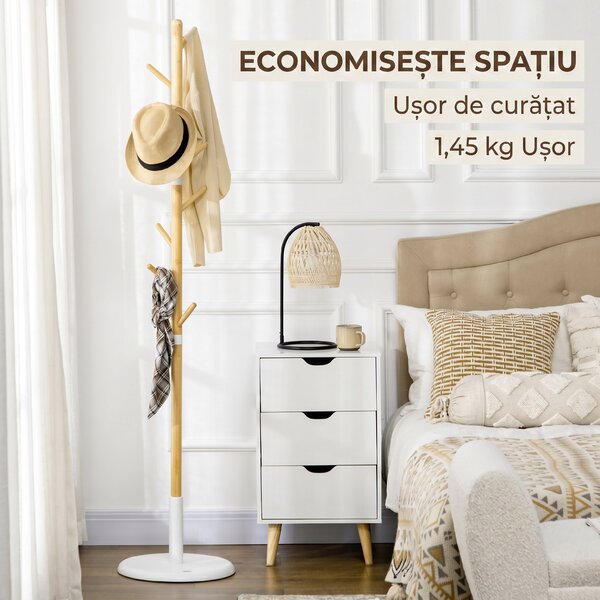 HOMCOM Cuier Vertical cu 8 Cârlige cu Bază Rotundă din Bambus, Lemn și Metal, Ø37,8x175,6 cm, Lemn Natural | Aosom Romania
