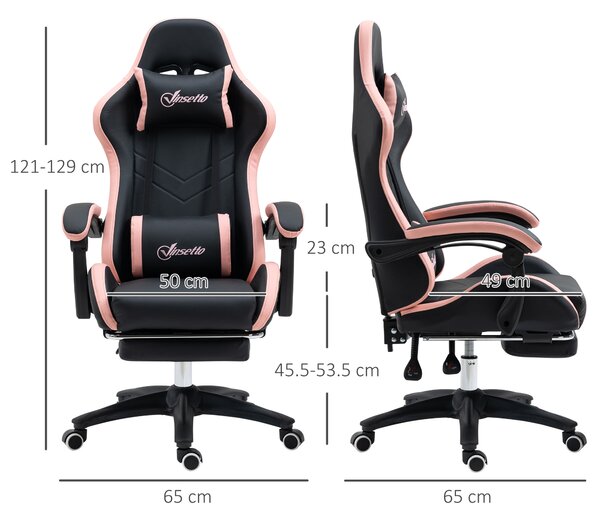 Scaun de Gaming Premium, Piele Ecologică PU, Oțel, Înălțime Ajustabilă, Spătar Inclinabil, 65x65x121-129 cm, Roz și Negru | Aosom Romania