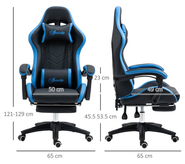 Scaun de gaming din piele ecologica PU si otel cu inaltime reglabila si spatar inclinabil, 65x65x121-129 cm, albastru si negru | Aosom Romania