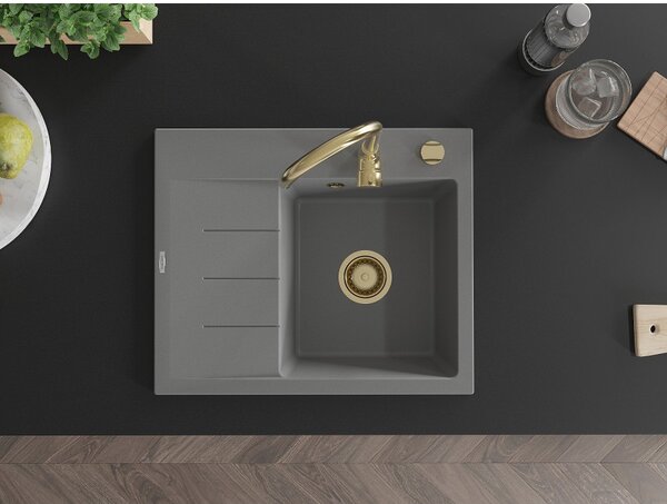 Mexen Ben, chiuvetă granit cu 1 cameră 600x500x190 mm, dreapta + sifon auriu, gri, 6523605000-71-G