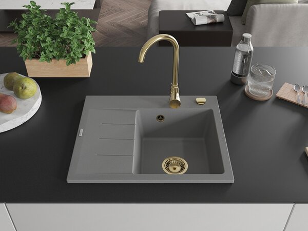 Mexen Ben, chiuvetă granit cu 1 cameră 600x500x190 mm, dreapta + sifon auriu, gri, 6523605000-71-G