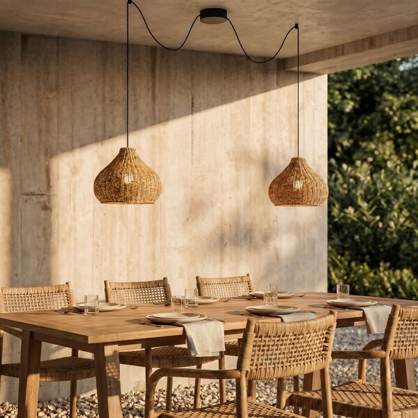 Lucande Lampa suspendată de exterior Taniola, cu 2 becuri, bej, ratan, IP44, reglabil, Lemn, Lemn, Casă de țară / Rustic