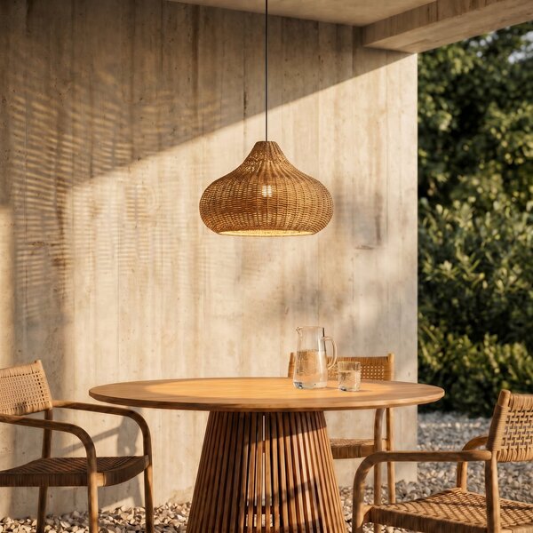 Lucande Lampa de exterior suspendată Taniola, cu 1 bec, bej, ratan, IP44, reglabil, Lemn, Lemn, Casă de țară / Rustic