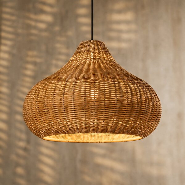 Lucande Lampa de exterior suspendată Taniola, cu 1 bec, bej, ratan, IP44, reglabil, Lemn, Lemn, Casă de țară / Rustic