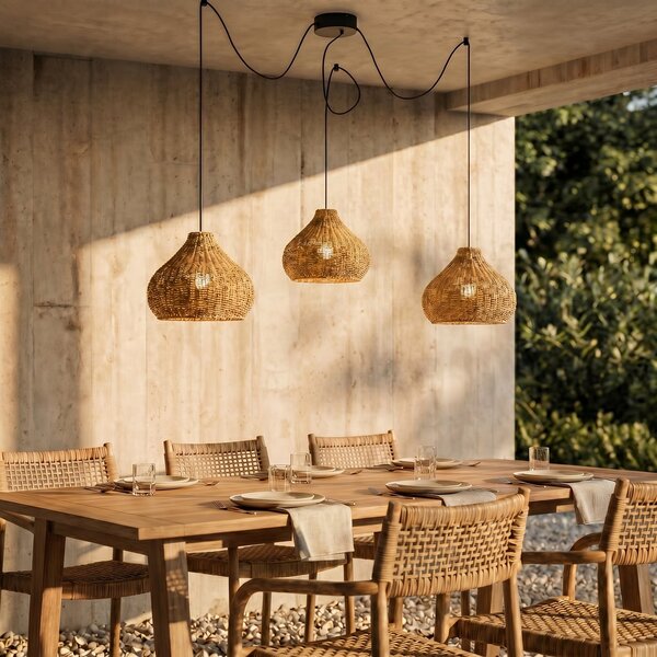 Lucande Lampa de exterior suspendată Taniola, cu 3 becuri, bej, ratan, IP44, reglabil, Lemn, Lemn, Casă de țară / Rustic