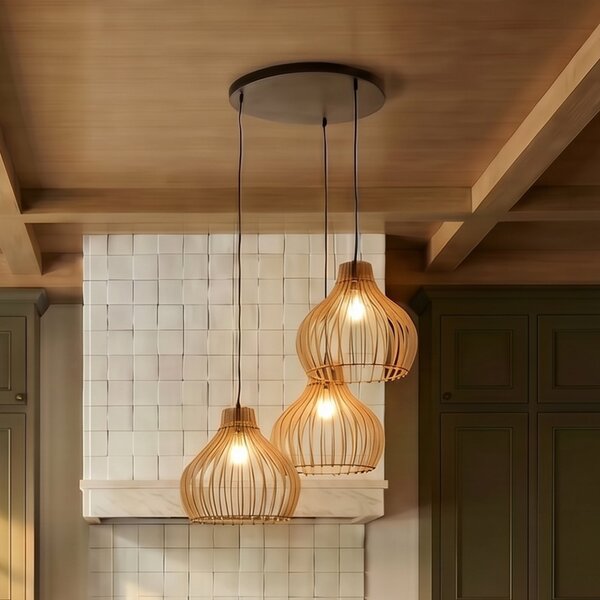 TEMAR LIGHTING Lampă suspendată Barrel cu abajururi din lemn, 3 becuri rotunde, reglabil, Lemn, Camera de zi / sufragerie, Lemn, Casă de țară / Rustic
