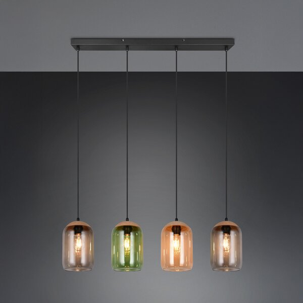 Trio Lighting Lampă suspendată din plută, multicoloră, lungime 90 cm, 4 becuri sticlă/plută, reglabil, Multicolor, Camera de zi / sufragerie, Sticlă, Modern