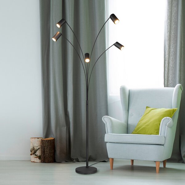 Trio Lighting Marley lampadar, negru, înălțime 200 cm, 5 becuri, metal, Negru, Camera de zi / sufragerie, Metal, Modern, Umbrelă în picioare